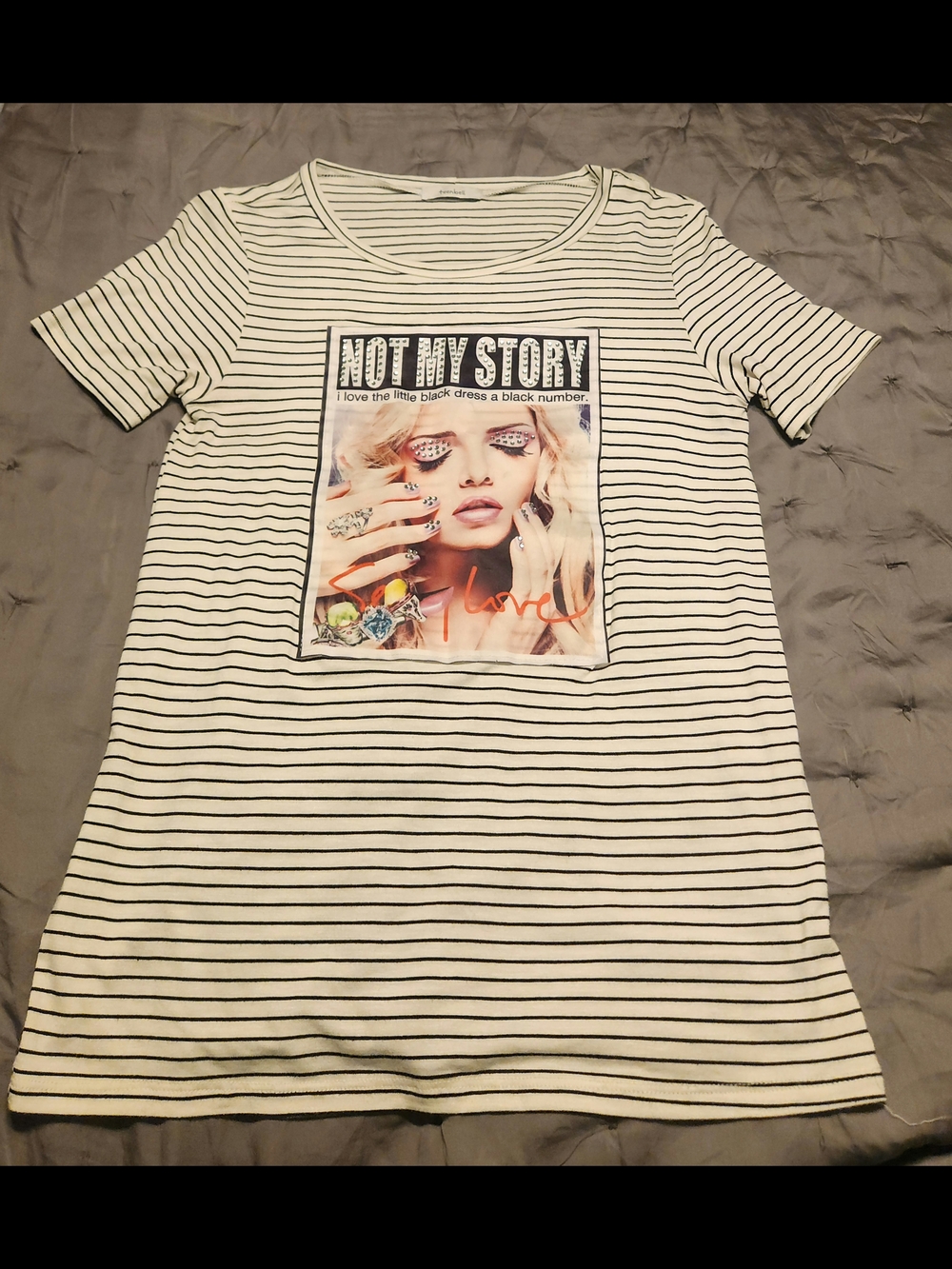 Women's Striped Graphic Tee - 'Not My Story' - White/Black